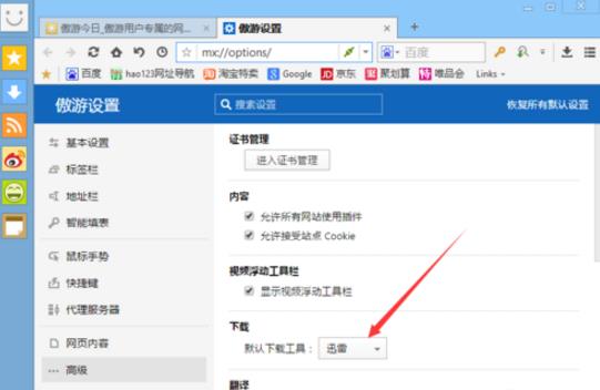 傲游浏览器中更改默认下载工具的方法步骤